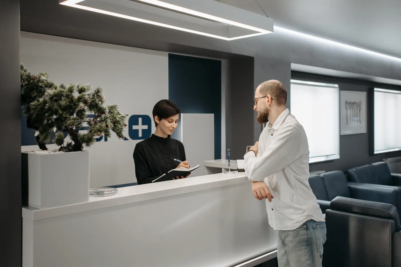 A bright clinic reception area.