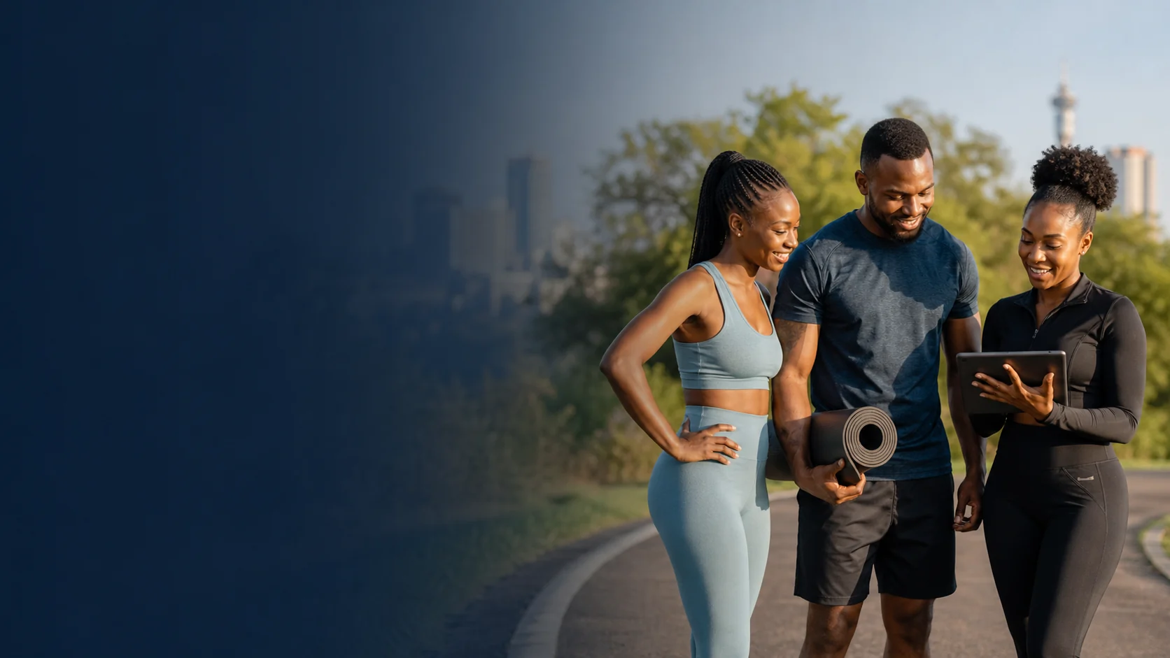 Three active adults talking after exercise.